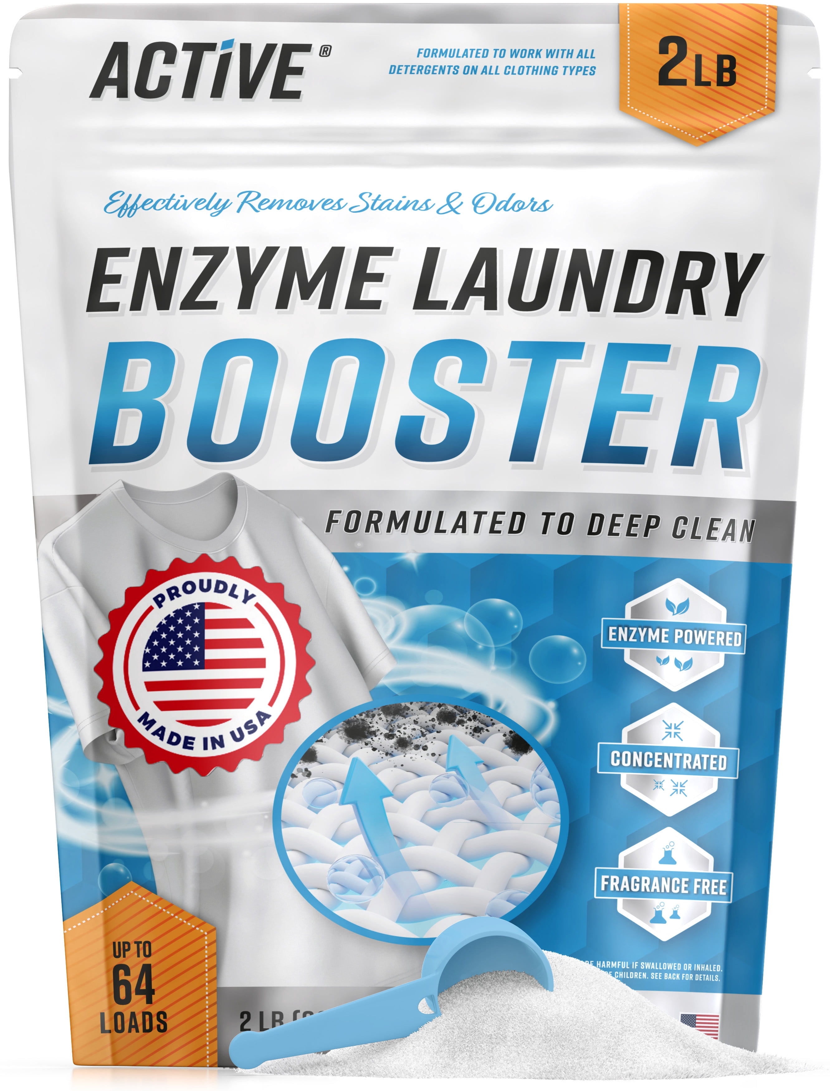 Active Unscented Enzyme Laundry Booster and Odor Removing Detergent, 2 lbs, 64 Loads