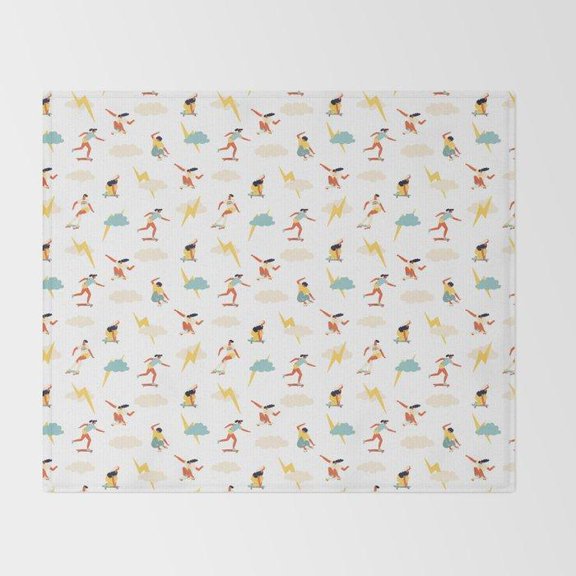 Active Figures, Clouds and Lightning Bolts White Fleece Blanket, Polyester Fleece Fabric, 280 GSM, Playful Pattern