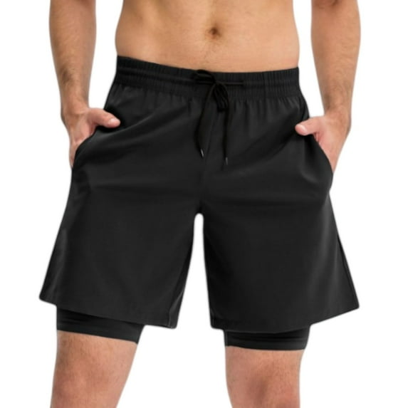 Active Men's Athletic Training Shorts with Inner Compression Layer Side Pockets and Adjustable Drawstring Waist - X Large, Black