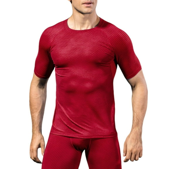Active Men's Honeycomb Textured Compression Shirt with Short Sleeves and Stretch Fit - Small, Red