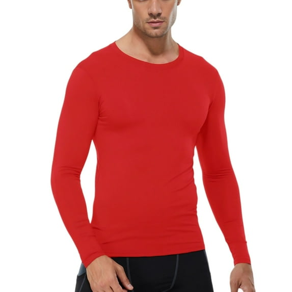Active Men's Long Sleeve Compression Shirt with Crew Neck and Stretch Performance Fit - Large, Red