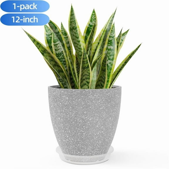 Active Mind Ltd 1-Pack 12 Inch Round Planters for Indoor Outdoor Use, Large Flower Pots with Drainage Holes & Saucer, Heavy Duty Decorative Garden Planters for Patio, Balcony, Home Decor (Gray)