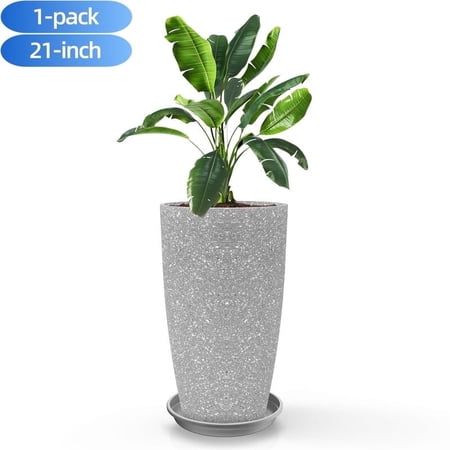 Active Mind Ltd 1-Pack 21-Inch Tall Modern Round Planters, Extra Large Round Flower Pots for Indoor/Outdoor, Lightweight Resin Garden Planters for Patio, Porch - Contemporary Home Decor (Gray)
