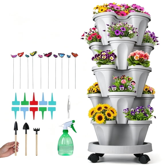 Active Mind Ltd 1 Pack 5-Tier Stackable Planter Tower with Wheels & Tools – All-Weather Vertical Garden for Vegetables, Herbs, Flowers, Strawberries | Space-Saving Indoor/Outdoor (Agreeable Gray)