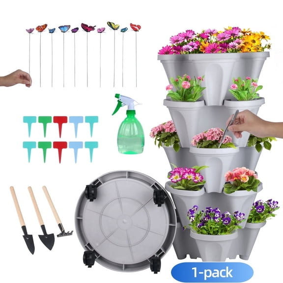 Active Mind Ltd 1 Pack 7-Tier Stackable Planter Tower with Wheels & Tools – All-Weather Vertical Garden for Vegetables, Herbs, Flowers, Strawberries | Space-Saving Indoor/Outdoor (Agreeable Gray)