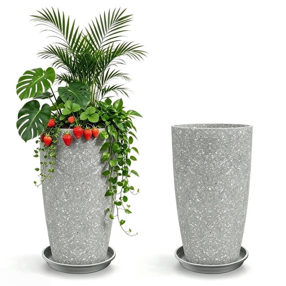 Active Mind Ltd 2-Pack 21-Inch Extra Large Round Planter with Tray, Gray – Tall Modern Resin Flower Pot, Heavy Duty Outdoor Indoor Garden Container for Patio Porch Balcony Houseplants Home Decor