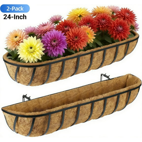 Active Mind Ltd 2-Pack 24" Railing Planter Window Box, Easy-Grip Clamp Design with Coco Liner for Balcony/Deck Railings