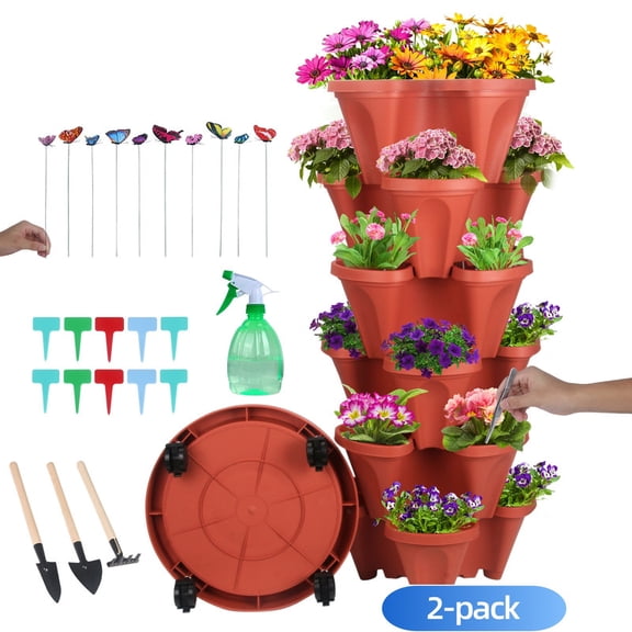 Active Mind Ltd 2 Pack 6-Tier Stackable Planter Tower with Wheels & Tools – All-Weather Vertical Garden for Vegetables, Herbs, Flowers, Strawberries | Space-Saving Indoor/Outdoor Design (Red)