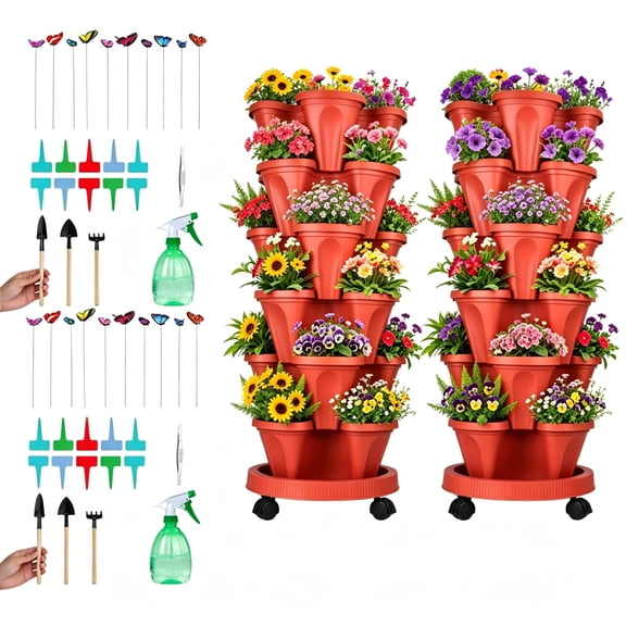 Active Mind Ltd 2 Pack 6-Tier Stackable Planter Tower with Wheels & Tools – All-Weather Vertical Garden for Vegetables, Herbs, Flowers, Strawberries | Space-Saving Indoor/Outdoor Design (Red)