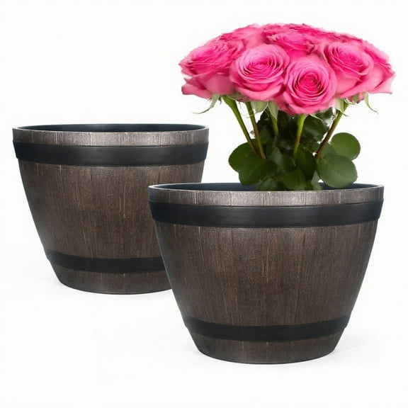 Active Mind Ltd 2-Pack Barrel Planters Set - 21" Large PVC Whiskey Pots w/Drainage, All-Weather Outdoor & Indoor Garden Planters for Deck/Balcony (Rustic Brown)