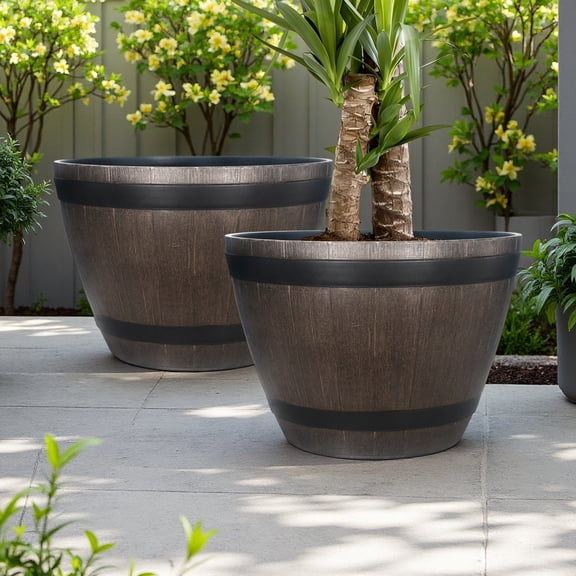 Active Mind Ltd 2 Pack Large Barrel Planter Outdoor Rustic Wood Grain Plastic Flower Pot Vintage Garden Tree Planter for Patio Decor