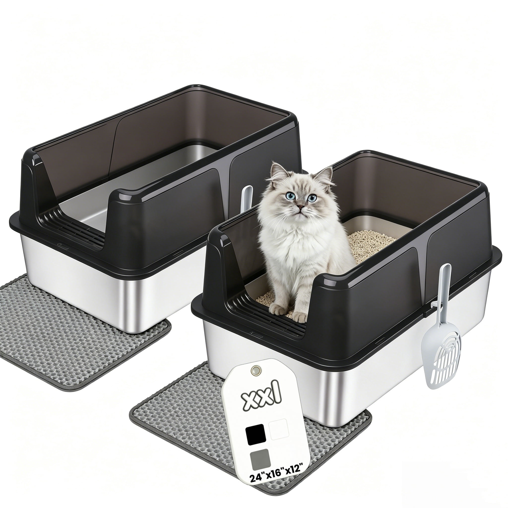 Active Mind Ltd 2-Pack Stainless Steel Cat Litter Box, Extra Large Litter Box, High-Wall Design for Odor Control & Less Tracking, for Various Large Cats, Black