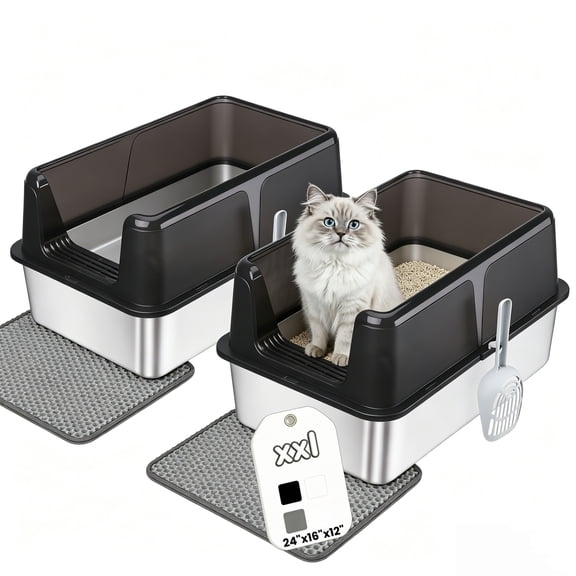 Active Mind Ltd 2-Pack Stainless Steel Cat Litter Box, Extra Large Litter Box, High-Wall Design for Odor Control & Less Tracking, for Various Large Cats, Black