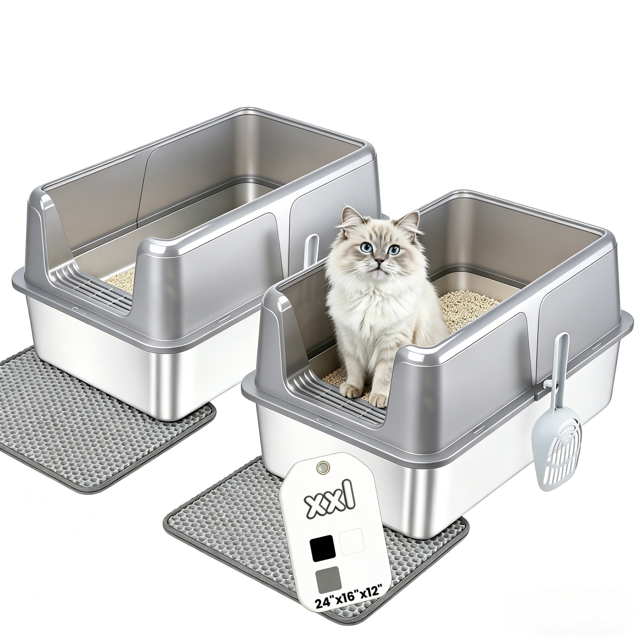 Active Mind Ltd 2-Pack Stainless Steel Cat Litter Box, XXL Covered Litter Box for Giant Cats, Seamless Anti-Leak Design, High Walls for Odor Containment, Easy to Scoop, Gray