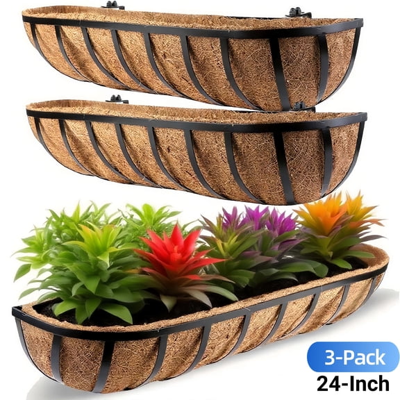 Active Mind Ltd 3-Pack 24" Railing Planter Window Box, Easy-Grip Clamp Design with Coco Liner for Balcony/Deck Railings