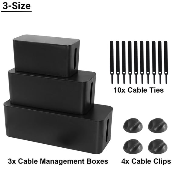 Active Mind Ltd 3-Size Cable Management Box, Heavy Duty Cord Organizer Kit, Power Strip Cover Box for TV/Desk/Wall, Wire Organizer, Child-Safe Cable Hider System with 10 Ties + 4 Clips (Black)