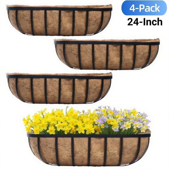 Active Mind Ltd 4-Pack 24" Railing Planter Window Box, Easy-Grip Clamp Design with Coco Liner for Balcony/Deck Railings