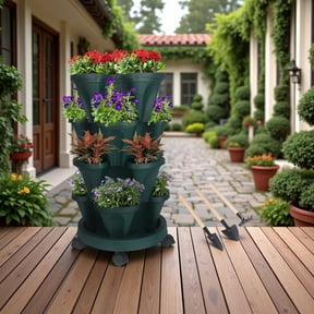 Active Mind Ltd 4 Tier Stackable Pots for Patio Gardening, Heavy Duty UV-Resistant Plastic Vertical Flower Tower for Vegetables & Strawberries (Green)
