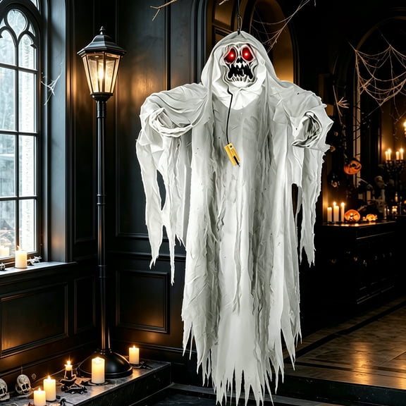 5.7FT Hanging Grim Reaper Ghost Decoration - White Animated Skeleton Prop with Sound & Motion Sensor LED Eyes for Outdoor Halloween Yard, Tree, Porch