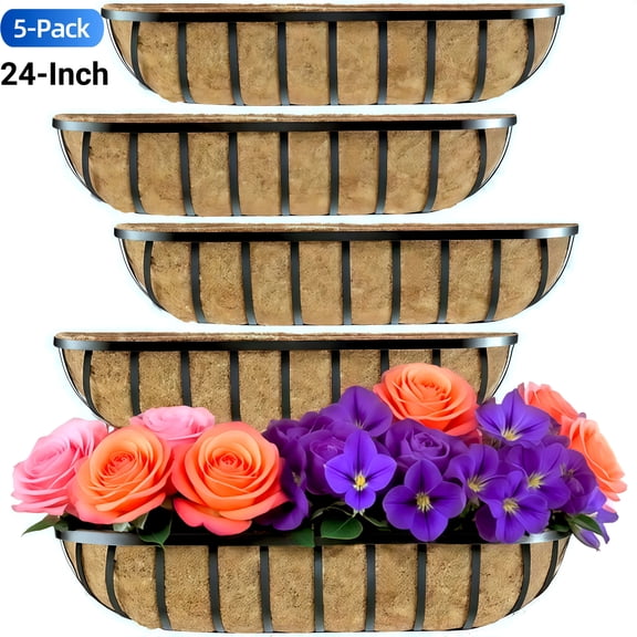 Active Mind Ltd 5 Pcs 24" Wrought Iron Railing Planter Window Box, Vintage Scroll Design with Coco Liner for Porch/Balcony Rail Décor