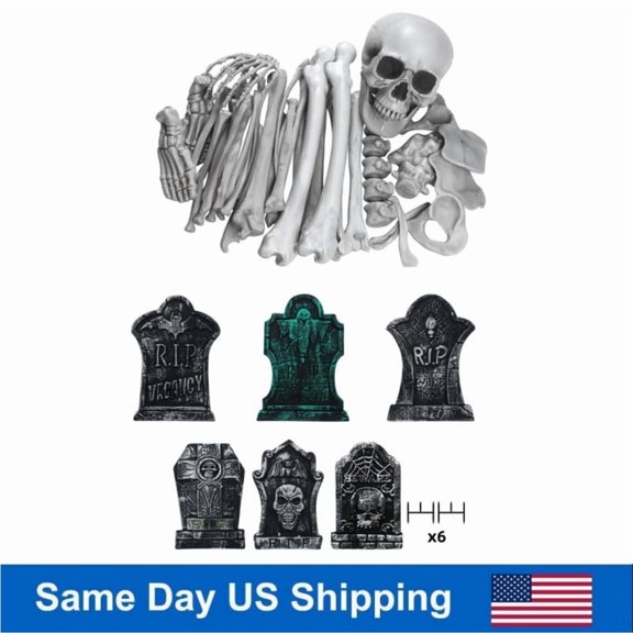 Active Mind Ltd 6Pcs 12x17in Halloween Foam Tombstones & 35Pcs Skeleton Bones, RIP Grave Decor with Ground Stakes, Halloween Decorations Outdoor