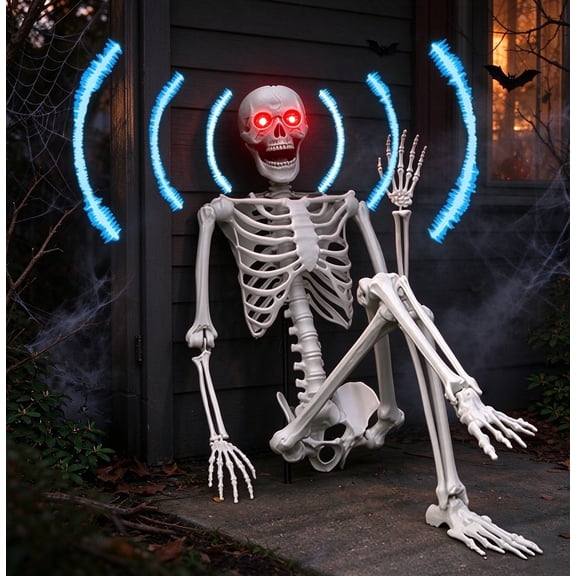 Active Mind Ltd Glowing LED Skeleton 5.5FT Life Size, LED Eye Poseable Figure, Waterproof Haunted House Prop for Outdoor Halloween