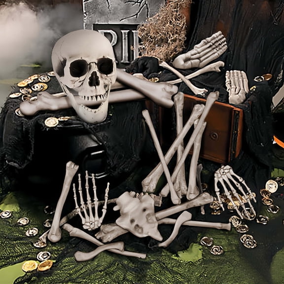 Active Mind Ltd Halloween Bones with Skull Decoration Kit, 35Pcs Skeleton Bones, Spooky Cemetery Set for Lawn, Indoor Outdoor Scary Props, Lightweight Plastic