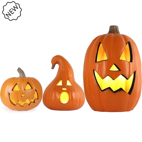 Active Mind Ltd Halloween Pumpkin Variety Pack - 3-Piece LED Light-Up Decor Set, Waterproof for Indoor/Outdoor | Porch, Party, Haunted Trail, Trick-or-Treat Display & Festive Magic(10"+12"+16")