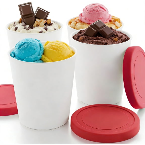 Active Mind Ltd Ice Cream Containers 4 Pack 1 Quart Red – Reusable Freezer Tubs with Silicone Lids, BPA Free Stackable Leakproof for Homemade Sorbet Gelato