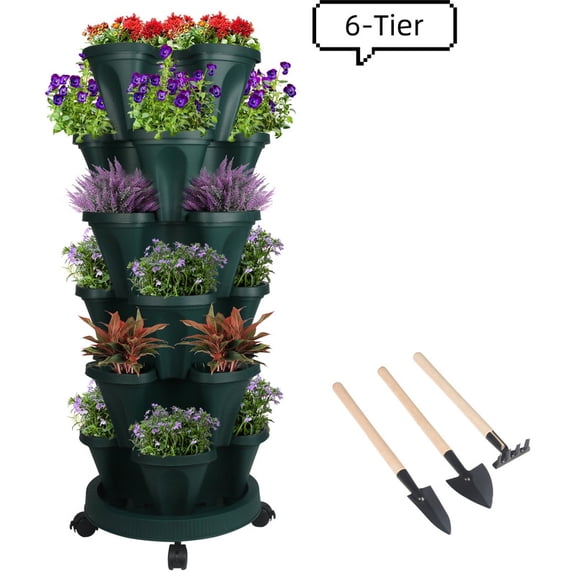 Active Mind Ltd Spring Gardening Special: Dual Stackable Planters with Wheels - 6-Tier PVC Planter for Strawberries, Herbs & Vegetables, Green