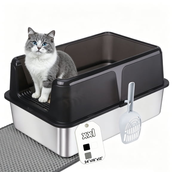 Active Mind Ltd Stainless Steel Cat Litter Box, Extra Large Litter Box, High-Wall Design for Odor Control & Less Tracking, for Various Large Cats, Black