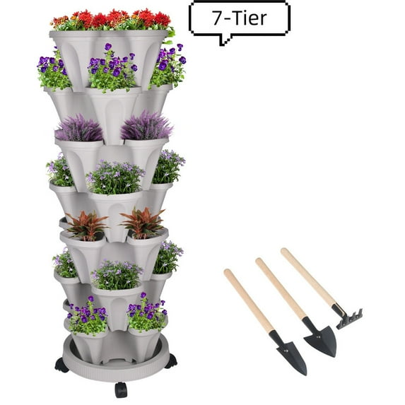 Active Mind Ltd Vertical Garden Kit - 7-Tier Stackable Planter System with Wheels & Drainage Holes, Perfect for Indoor/Outdoor Vegetable & Herb Gardening, Agreeable Gray