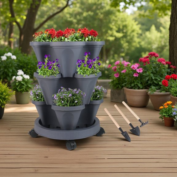 Active Mind Ltd Vertical Garden Planter Tower - 3-Tier Stackable Flower Pots for Small Spaces, Indoor/Outdoor Use, Plastic Container with Drainage Holes for Herbs & Succulents (Dark Gray)