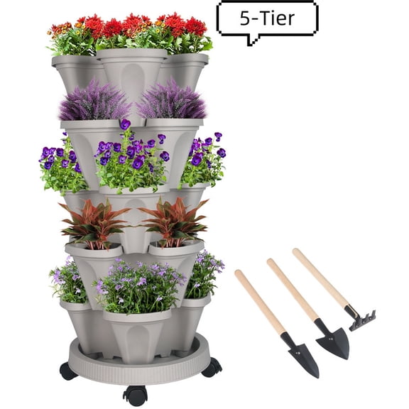 Active Mind Ltd Vertical Planter 5-Tier Stackable System - Indoor/Outdoor Garden Kit for Strawberries, Herbs, Vegetables (Beginner-Friendly Design), Agreeable Gray