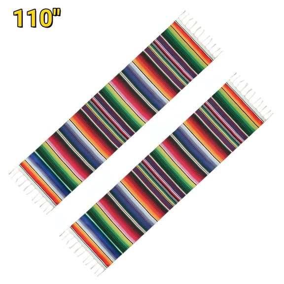 Active Mind Ltd Vibrant Colorful Mexican Table Runner 2 Pcs - 15x110 Inch Hand Woven Cotton Serape Fringe Trim, Cinco de Mayo Decorations, Fiesta Party Supplies, Mexican Theme Party & Home Decor