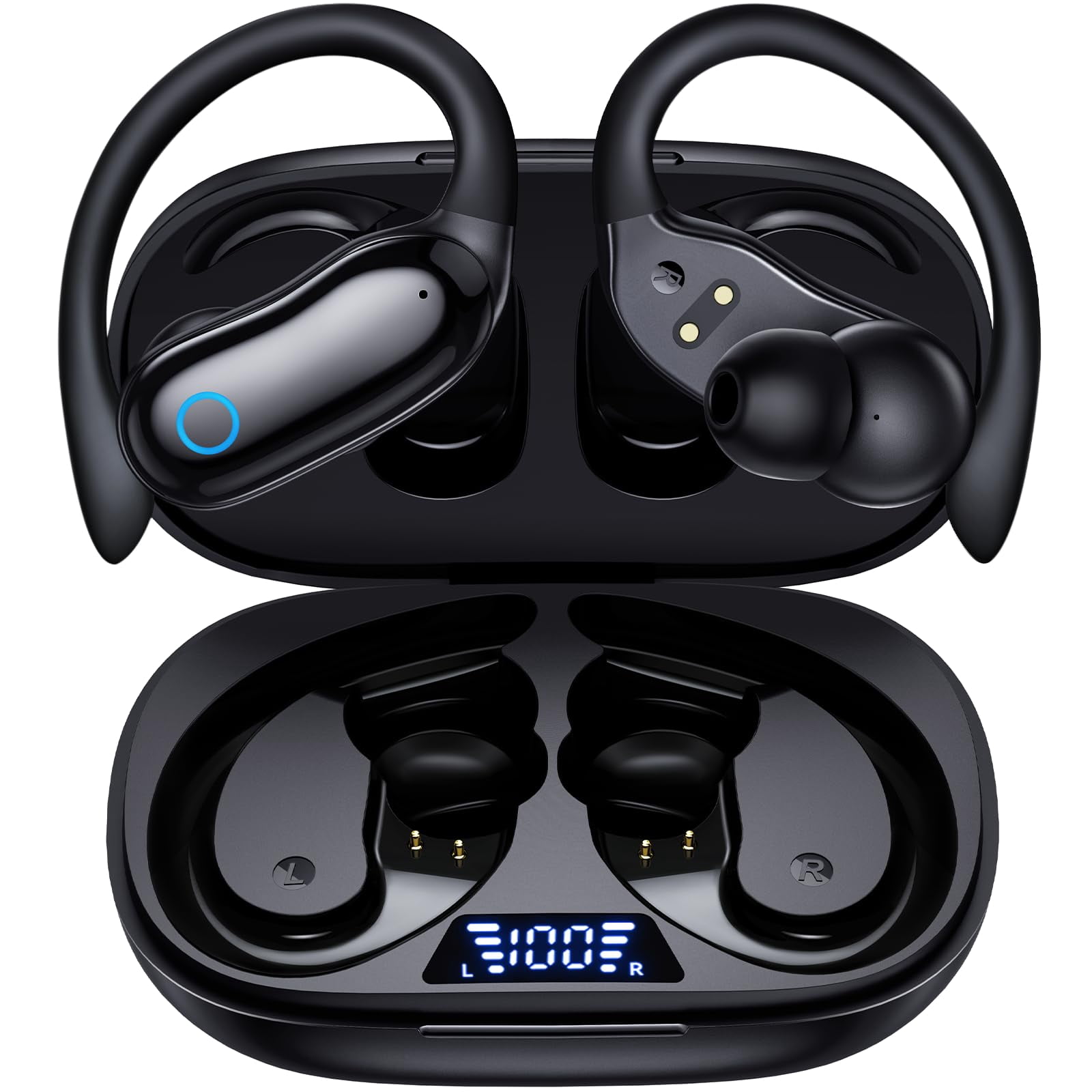Active Noise Cancelling Ear Buds Wireless Earbuds 96hrs Playback Bluetooth Headphones Dual Battery Display Stereo Bass Earphones with Earhooks Microphone IPX7 Waterproof for Sports/Workout, Black
