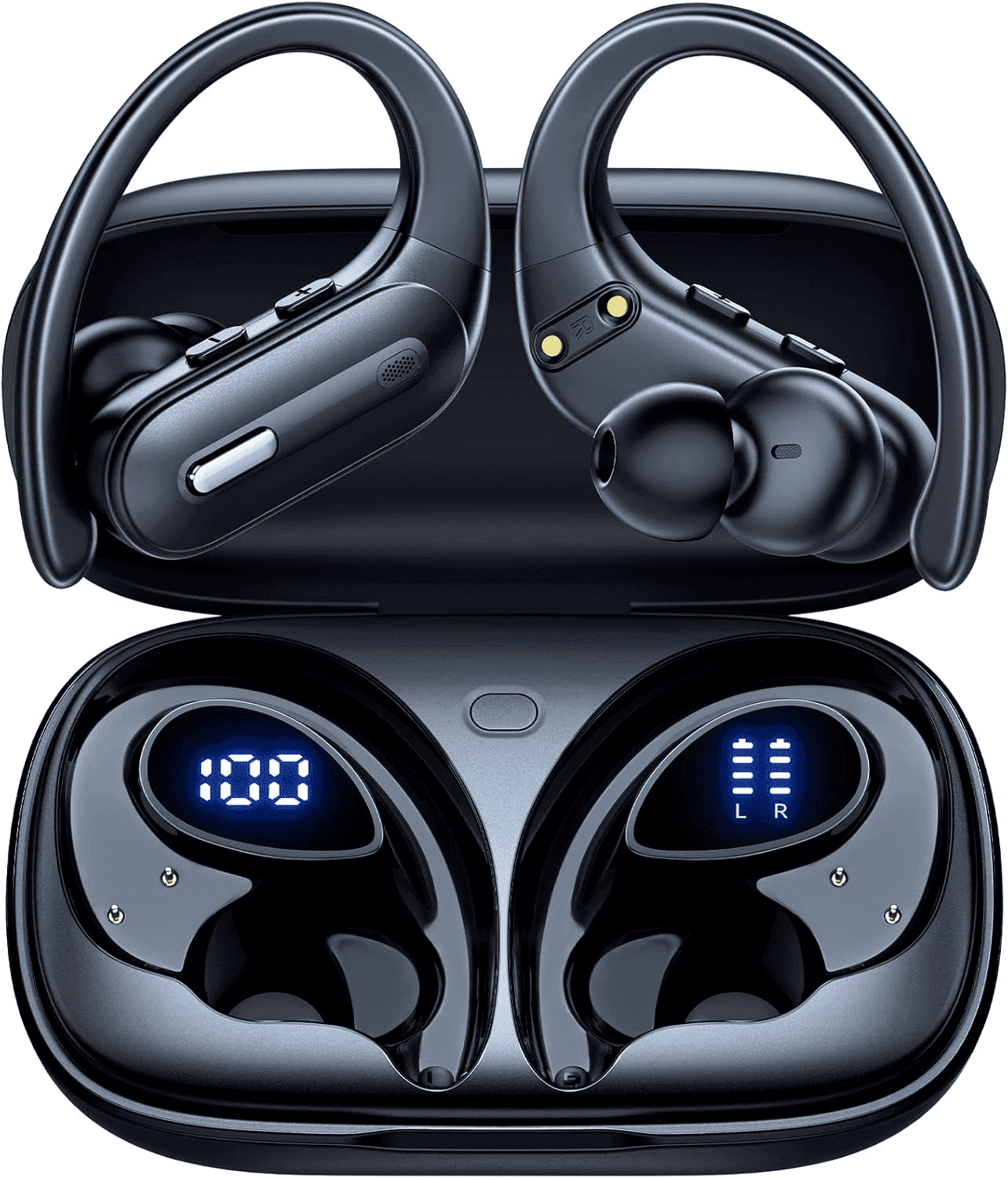 Active Noise Cancelling Wireless Earbuds Bluetooth Headphones 90 Hrs Playtime Ear Buds with Power Display Over-Ear Earphones with Earhooks IPX7 Waterproof Stereo Transparency Headset for Sports/Gym