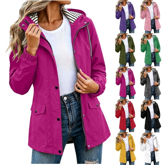 Active Outdoor Hooded Rain Jacket Solid Color Waterproof Mid Length Outdoor Hiking Drawstring Long Sleeved Double Pocket Hooded Windbreaker Jacket Top
