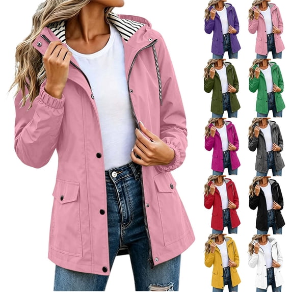 Active Outdoor Hooded Rain Jacket Solid Color Waterproof Mid Length Outdoor Hiking Drawstring Long Sleeved Double Pocket Hooded Windbreaker Jacket Top