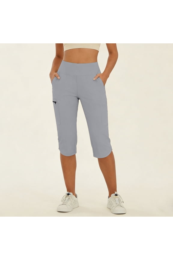 Active Pants Women's Outdoor Capris Pants with Zipper Pocket Stretchy Knee Length Yoga Pants for Hiking, Travel Outdoor Activities Gray L