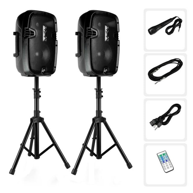 Active + Passive PA Speaker System Kit - Dual Loudspeaker Sound Package, 8" Subwoofers, BT Wireless Streaming, Includes (2) Speaker Stands, Wired Microphone, Remote Control, 700 Watt