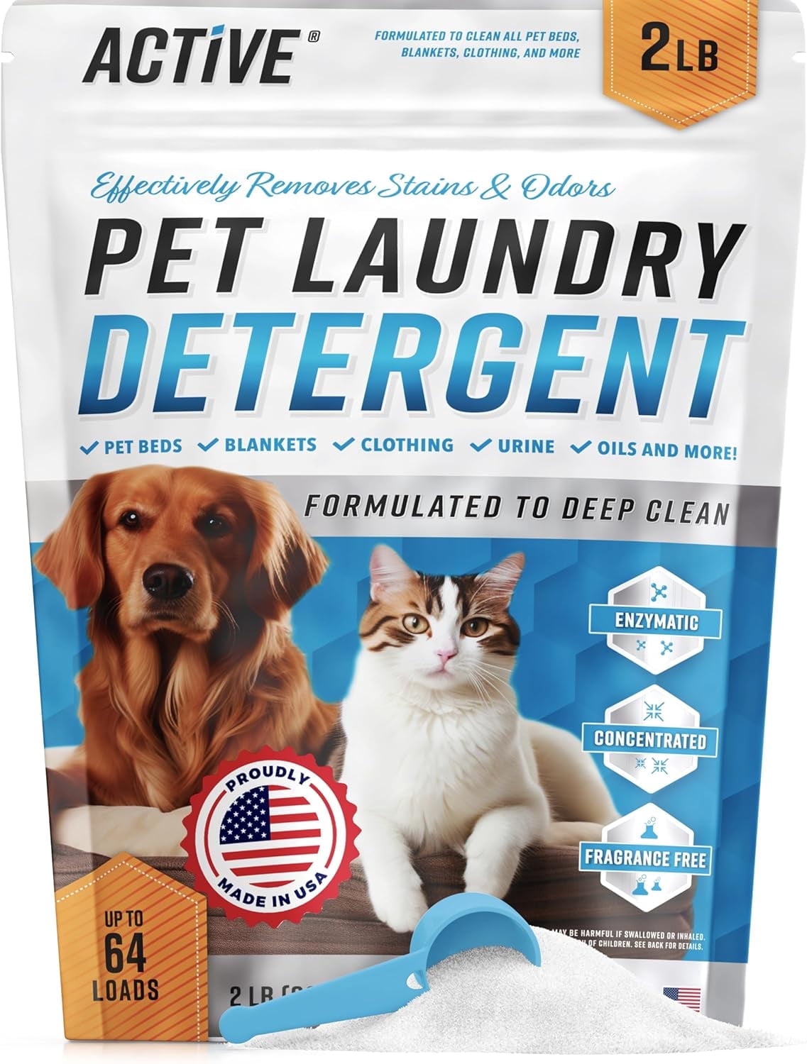 Active Pet Laundry Detergent, Enzyme Based Odor and Stain Lifter for Dog and Cat Bedding, HE Washer Safe, 64 Loads, 1 Pack