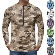 Active Quarter Zip Performance Top for Men, All-Over Camo Print Long Sleeve Moisture Wicking Shirt - Stretchy Breathable Gym Running Outdoor Athletic Wear Gray M