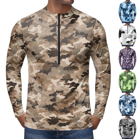 Active Quarter Zip Performance Top for Men, All-Over Camo Print Long Sleeve Moisture Wicking Shirt - Stretchy Breathable Gym Running Outdoor Athletic Wear Khaki XXXL