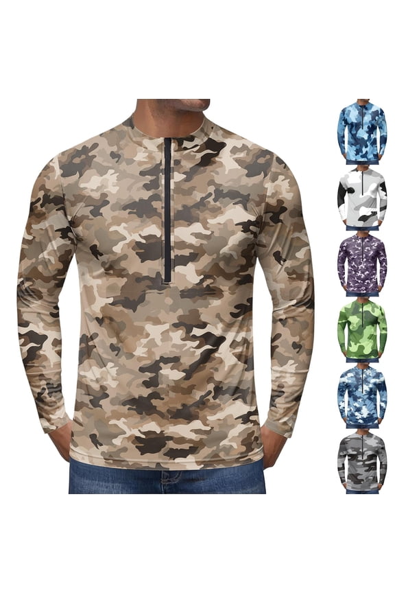Active Quarter Zip Performance Top for Men, All-Over Camo Print Long Sleeve Moisture Wicking Shirt - Stretchy Breathable Gym Running Outdoor Athletic Wear Khaki M