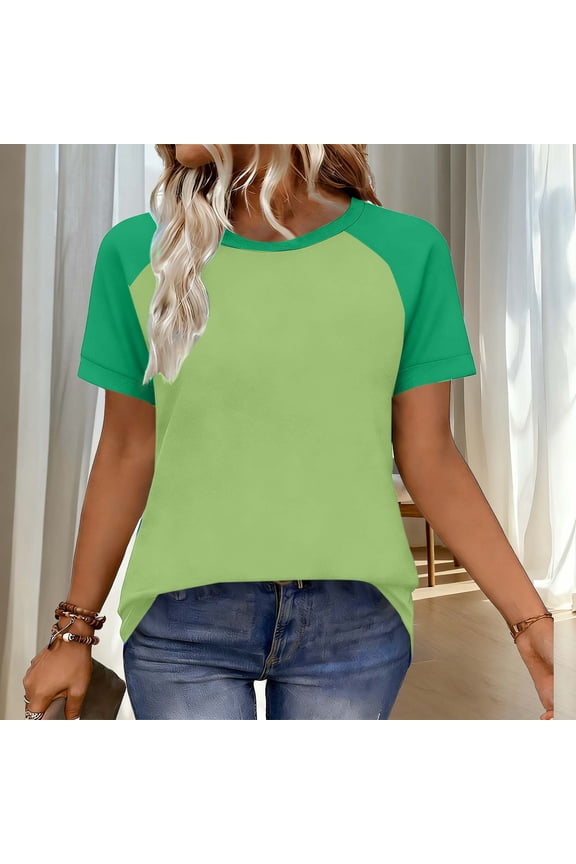 Active Raglan Tee for Women Crewneck Short Sleeve Two-Tone Contrast Design Soft Breathable Cotton Blend Loose Fit Casual Sporty Clothes