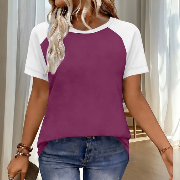 Active Raglan Tee for Women Crewneck Short Sleeve Two-Tone Contrast Design Soft Breathable Cotton Blend Loose Fit Casual Sporty Clothes
