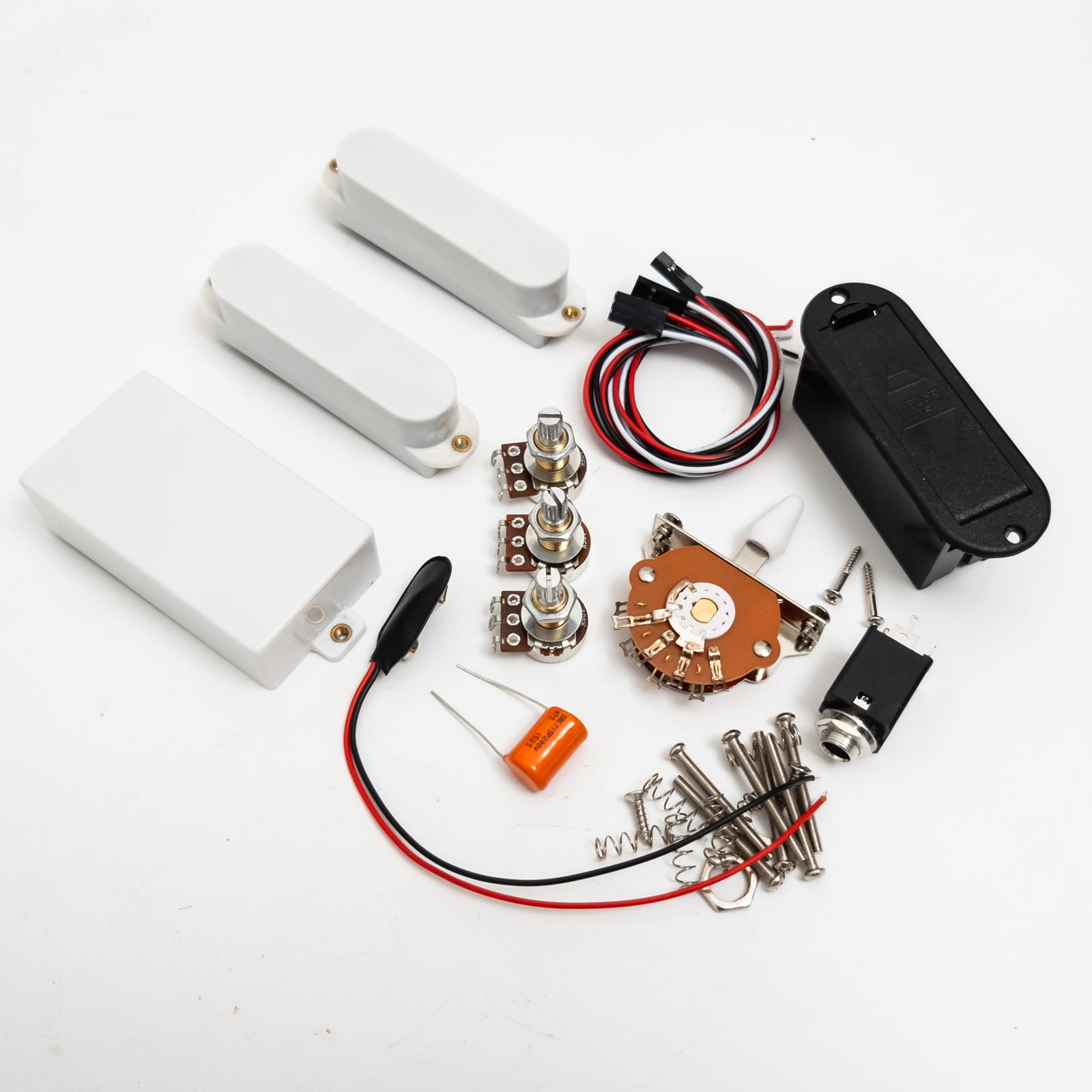 Active SSH guitar Pickups Set – Humbucker Bridge & Dual Active Single Coils, with 25K Pots, Wiring Harness & Battery Box – Drop-In Upgrade for Fender Strat-Style Electric Guitars