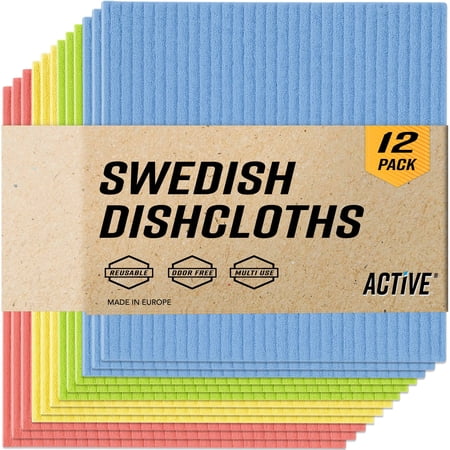 Active Swedish Dish Cloths, Reusable and Washable Cellulose Sponge Dish Towels, Multicolor, 12 Pack