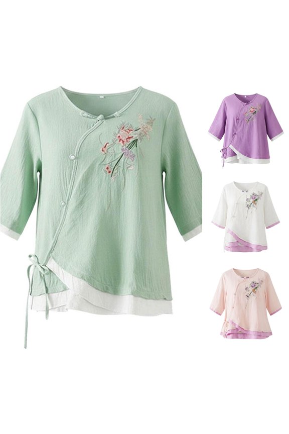 Active Tops Women Blend Embroidered Mandarin Collar Three Quarter Sleeve Boho Blouse with Relaxed Fit for Casual Everyday Wear Green 3XL